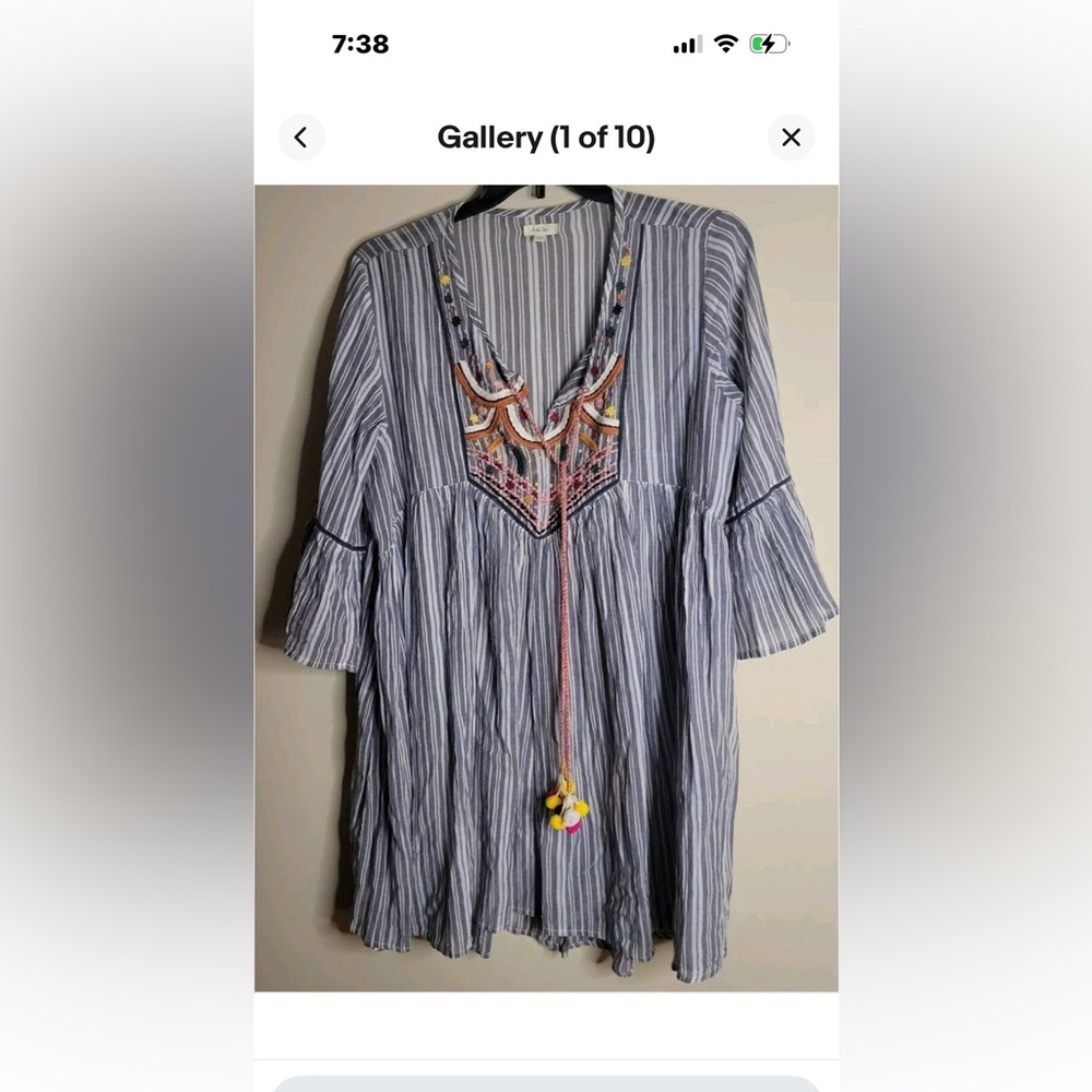 Kyla Seo Striped Blue Embroidered Women's Dress, Tunic with tassels